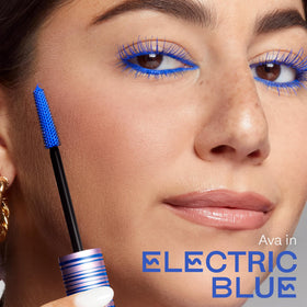tarte electric blue swatches on skin, vivid color payoff to boost eye contrast