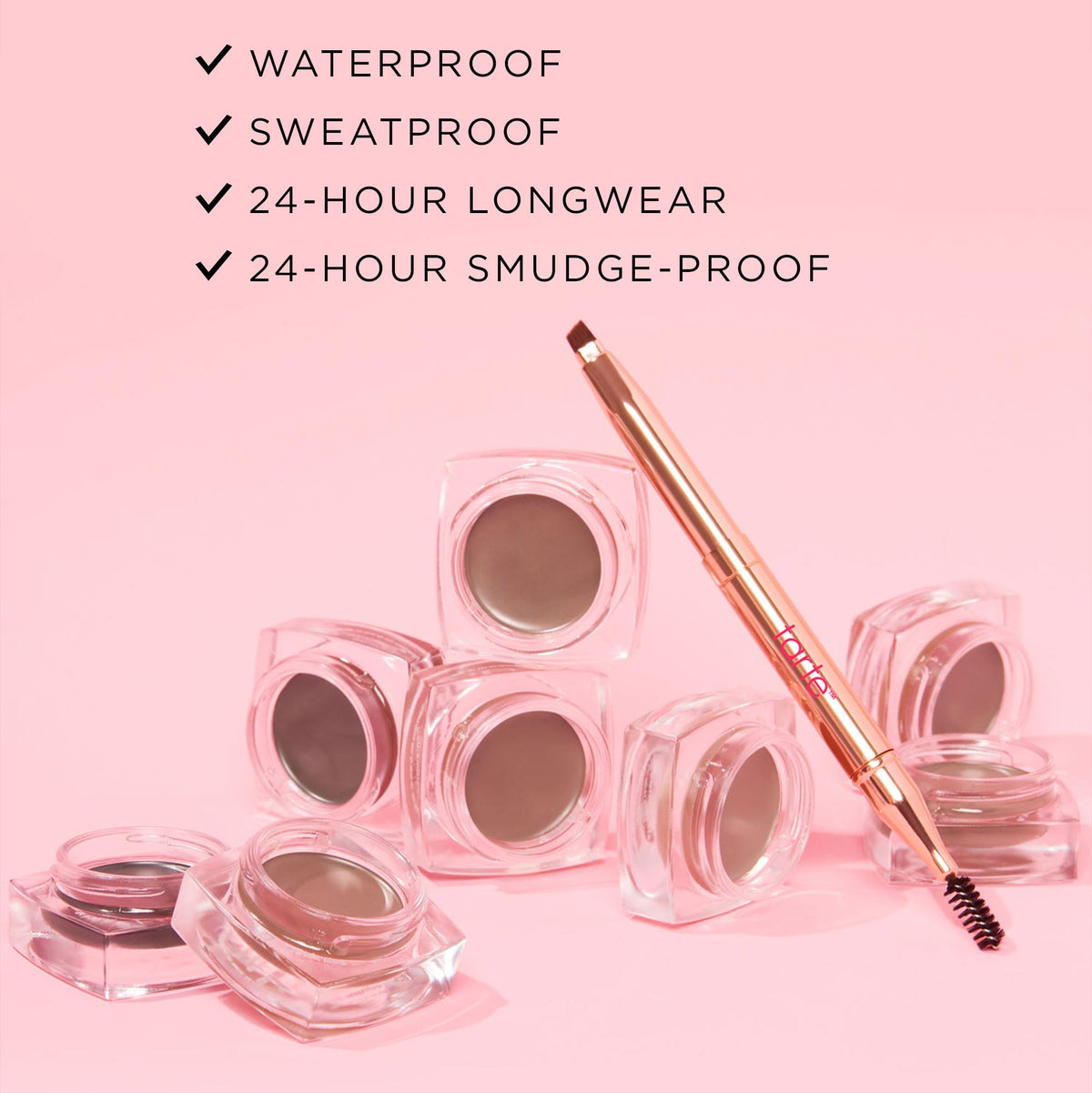 tarte side-by-side before and after brows showcasing fuller, sculpted arches with pomade