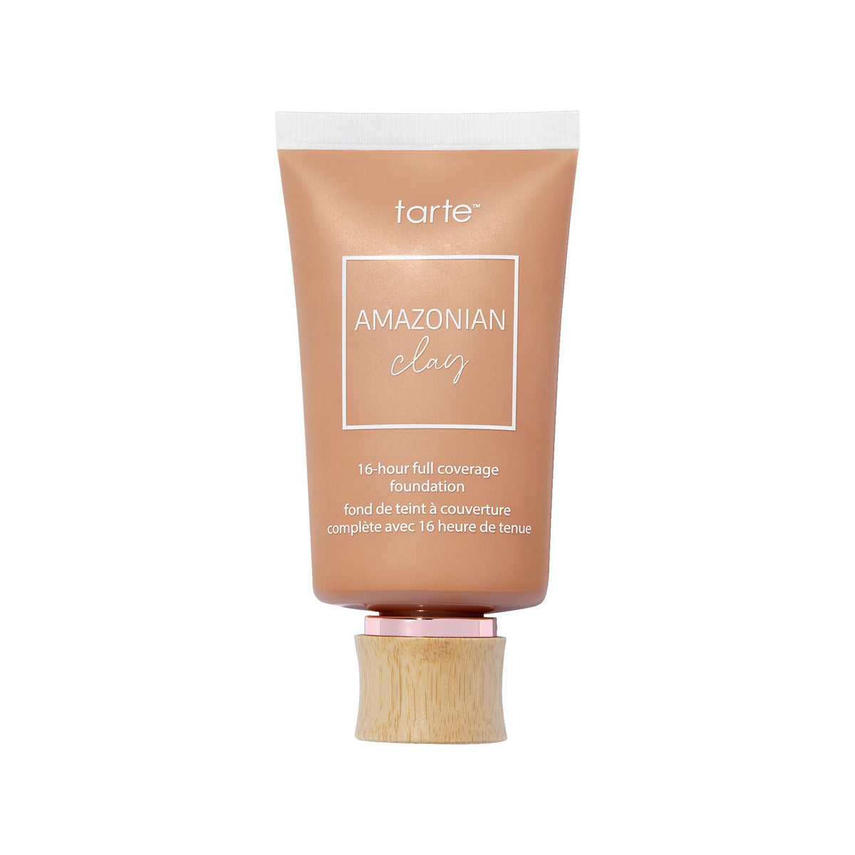 tarte front bottle in medium-tan beige showing packaging and true shade