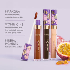 tarte ingredients label close-up, highlights maracuja oil and vitamin benefit