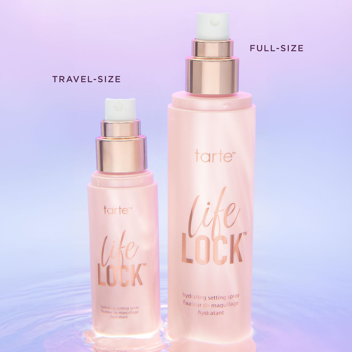 tarte life lock bottle in a cosmetic bag ready for travel and on-the-go refreshing benefit