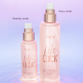 tarte life lock bottle in a cosmetic bag ready for travel and on-the-go refreshing benefit