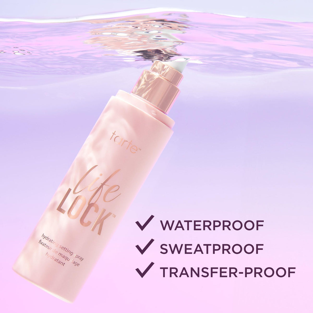 tarte spritzed over foundation illustrating waterproof, long-lasting makeup protection benefit