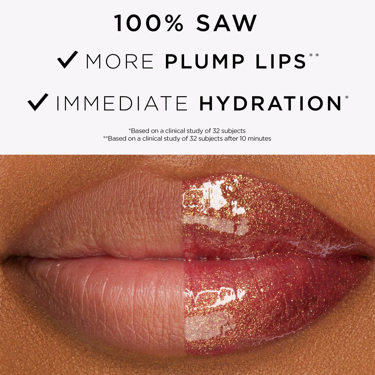 tarte lip oil on model delivering plumping look and hydrated finish