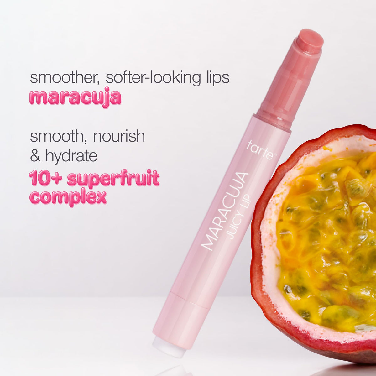 tarte on lips displaying coconut gloss and plumping, high-shine benefit