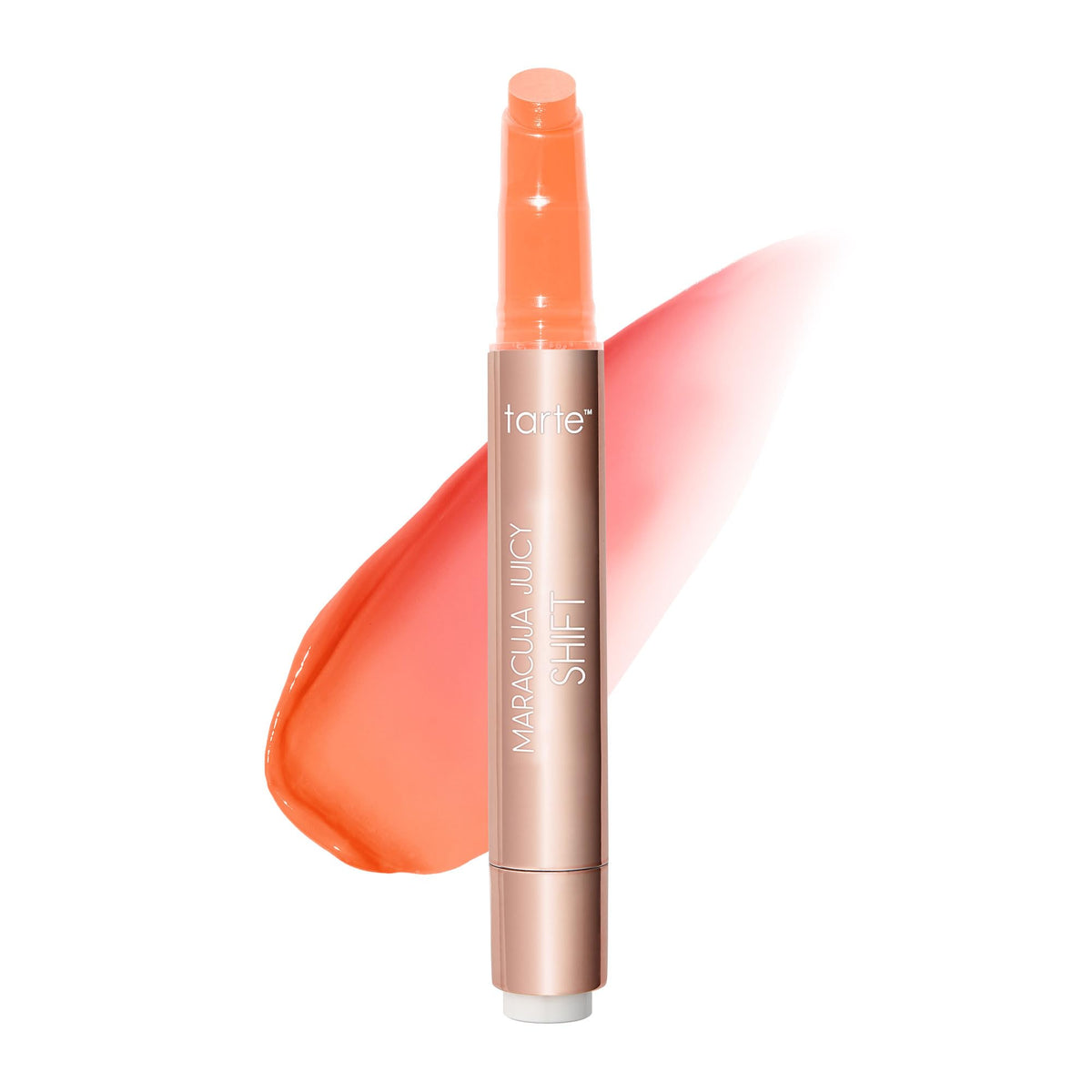 tarte front packaging of Maracuja Juicy Lip Shift showing tube and shade, highlights product appeal