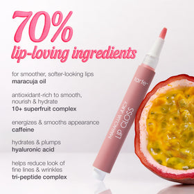 tarte maracuja gloss beside lipstick for scale conveying true size and layering potential