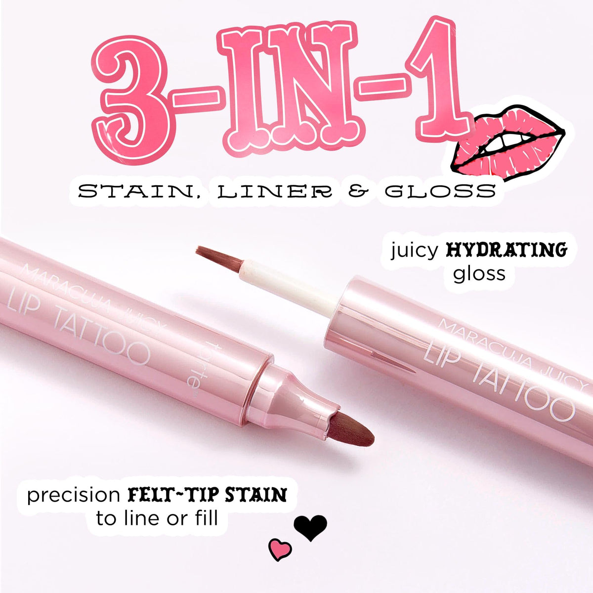 tarte lips before and after showing defined stain plus glossy hydration benefit
