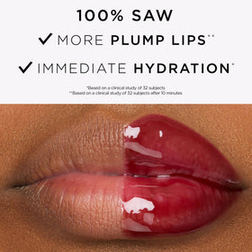 tarte lip swatch on model showing cherry shine and plumping effect benefit