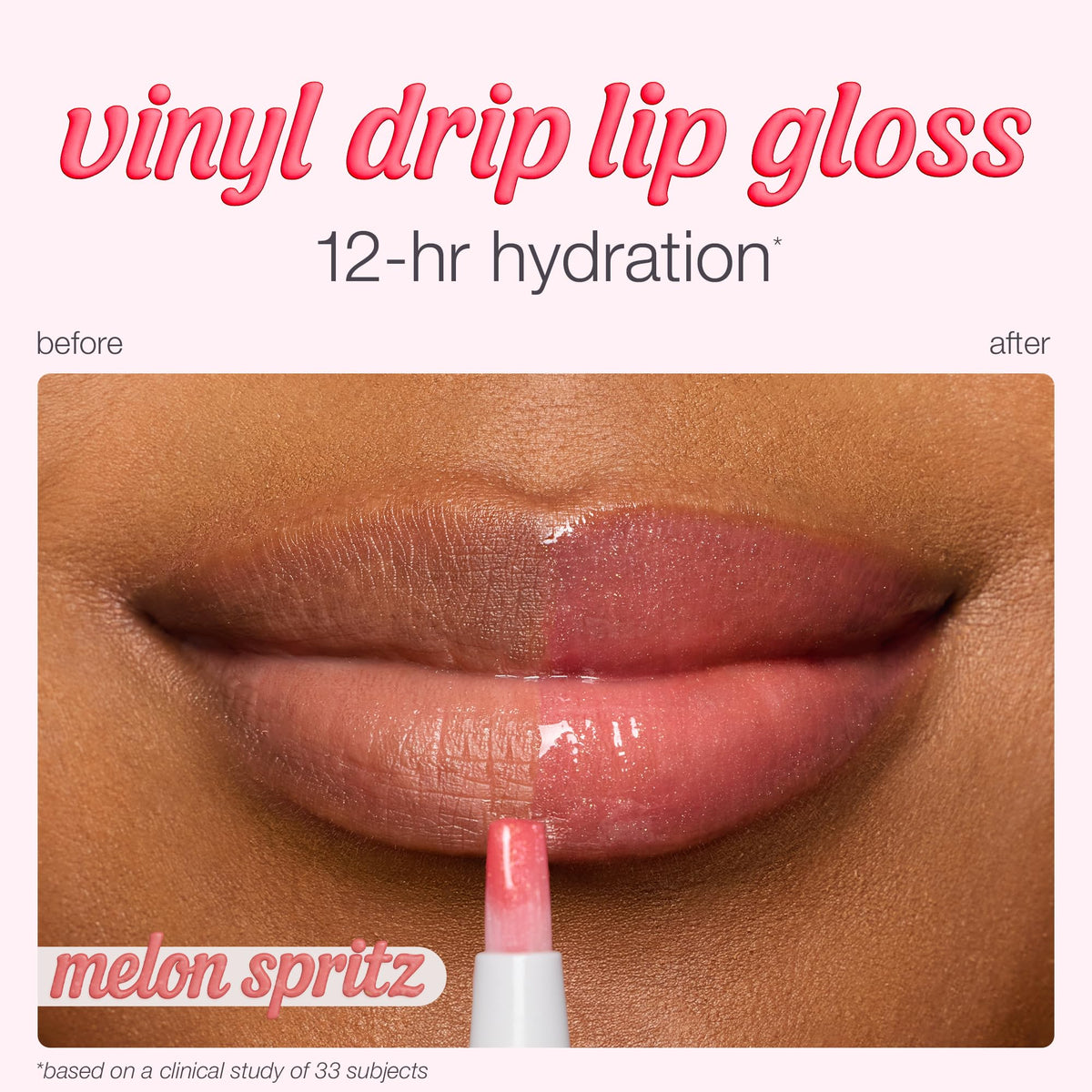 tarte shade Melon Spritz on lips offering shimmery, plumping-looking shine