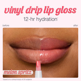 tarte shade Melon Spritz on lips offering shimmery, plumping-looking shine
