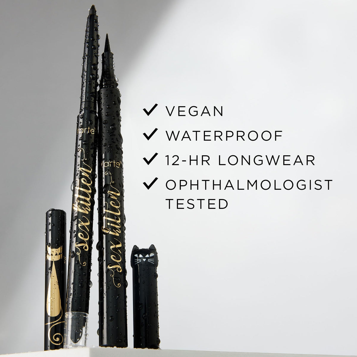 tarte in evening outfit setting showing waterproof wear benefit: long-lasting look