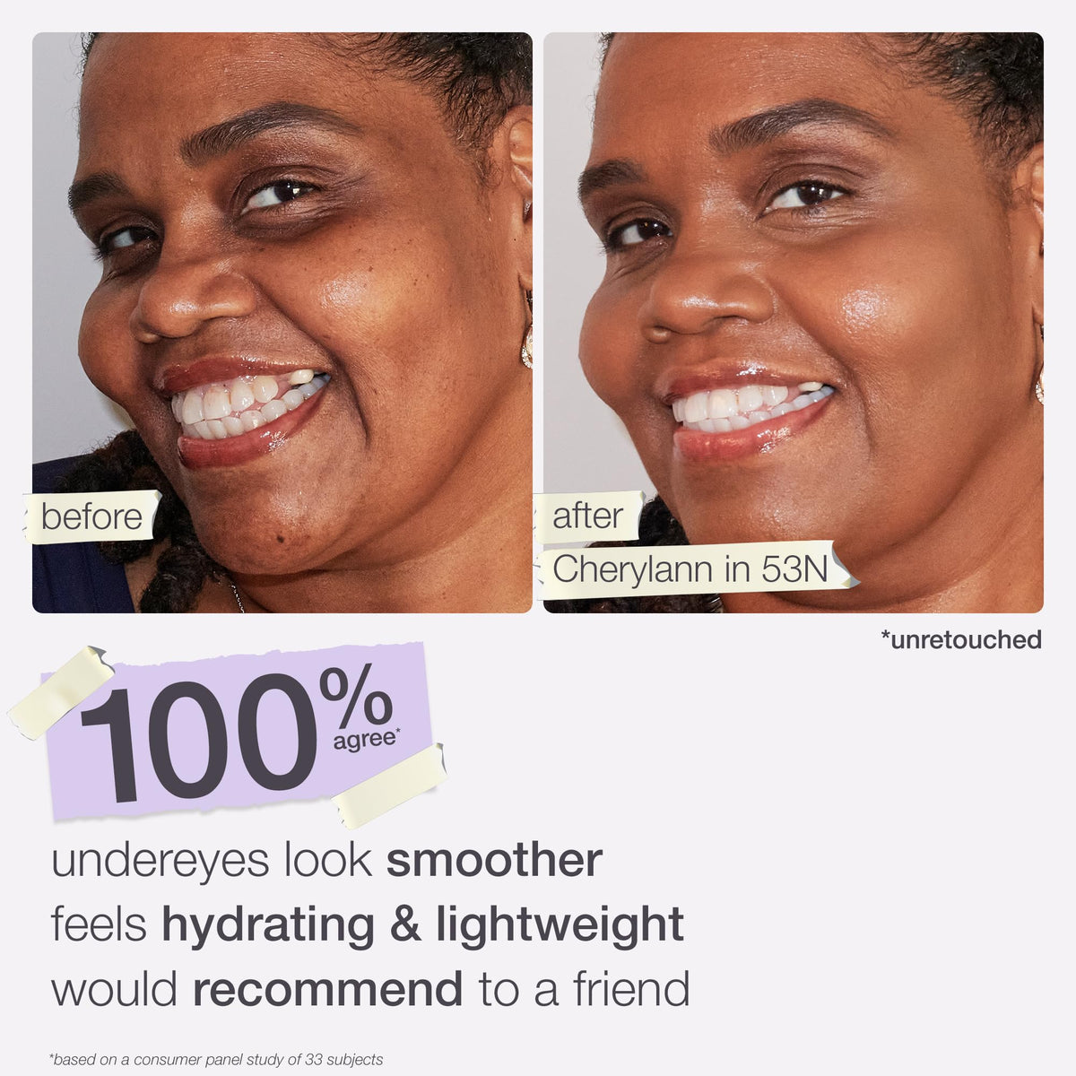 tarte model applying under-eye concealer, conceals dark circles and smooths lines
