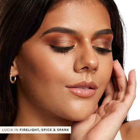 tarte applied shadows on model showing finished warm bronze eye look and dimension