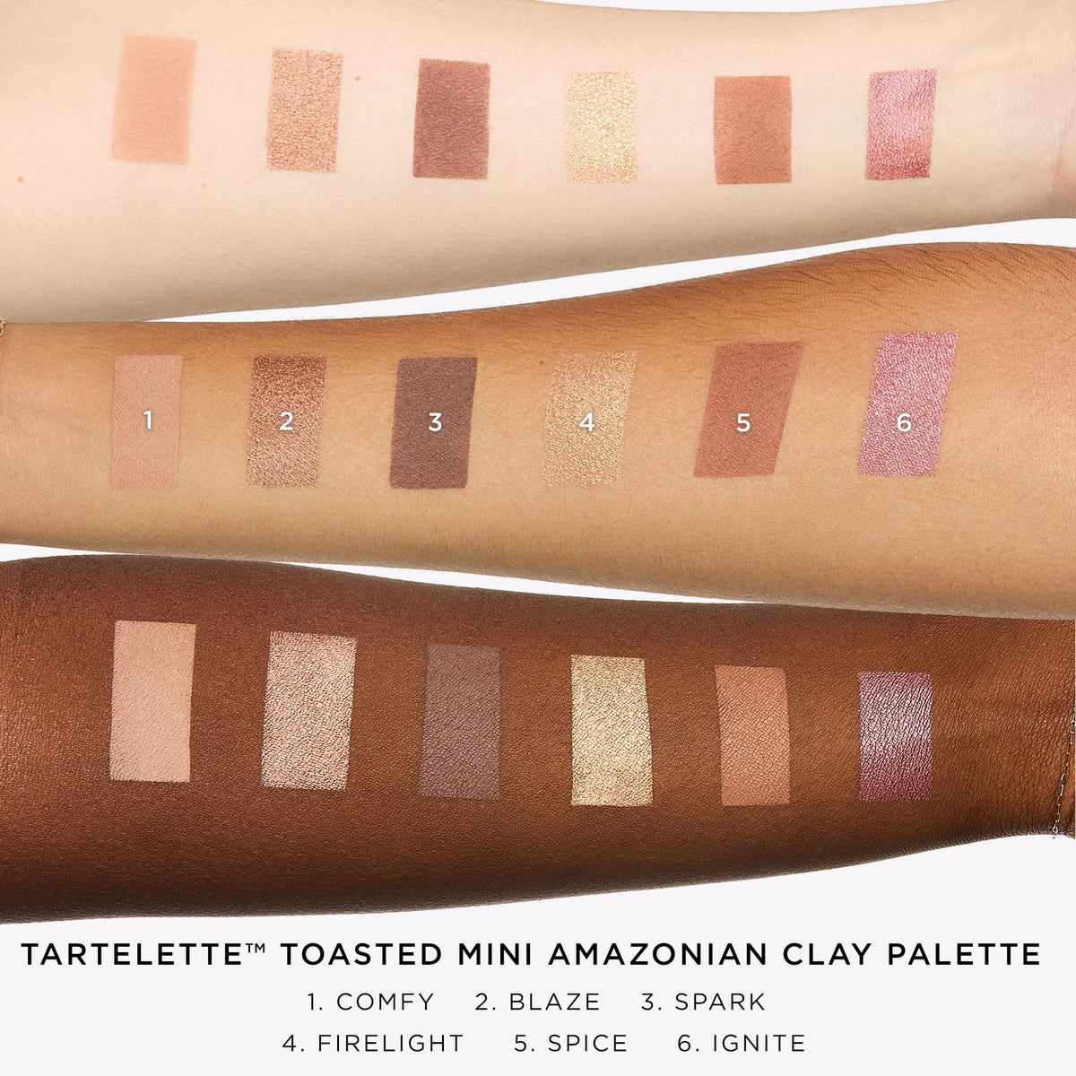tarte swatches on arm demonstrating true pigment payoff and shade range