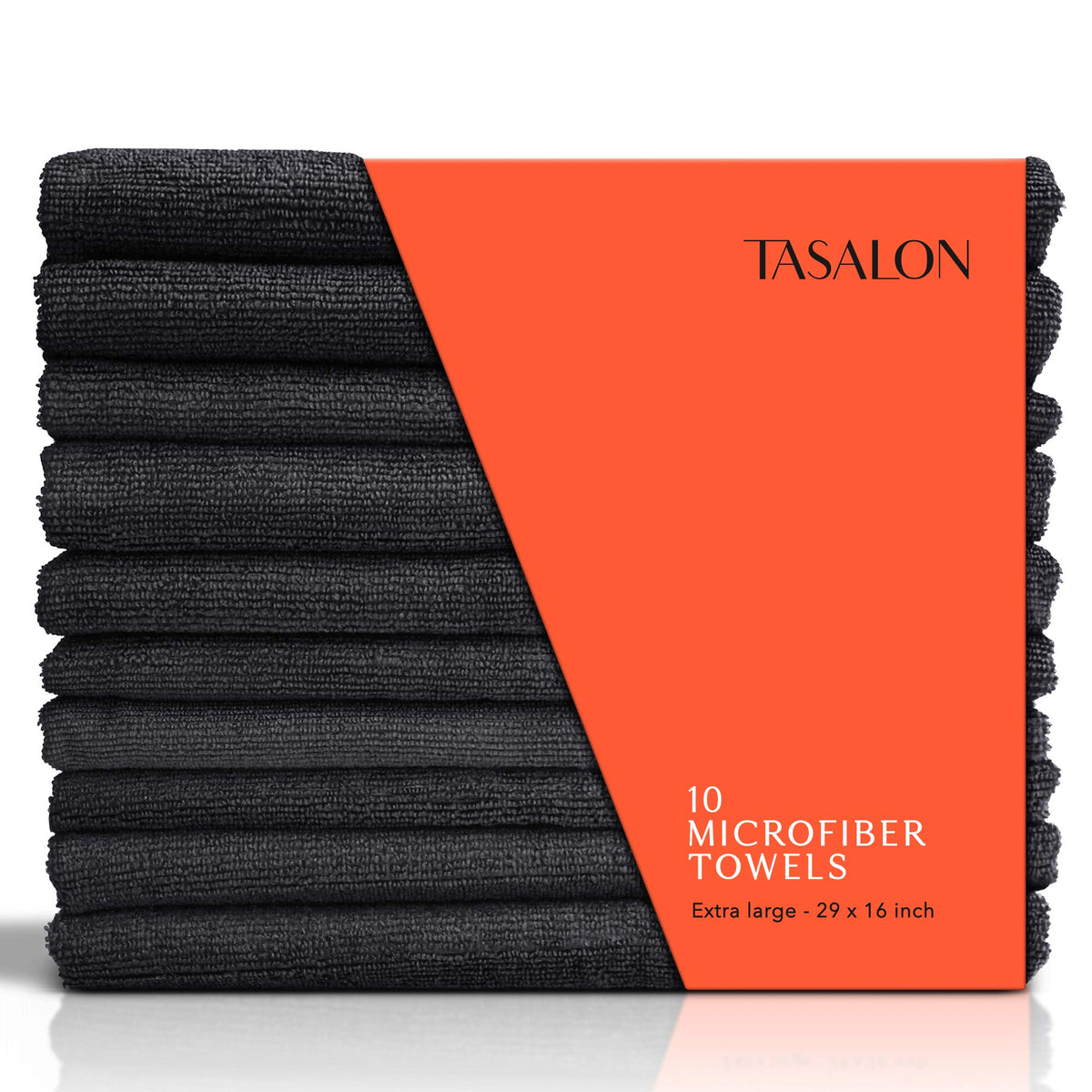 TASALON front view of 10-pack black towels showing compact salon-ready pack and convenience