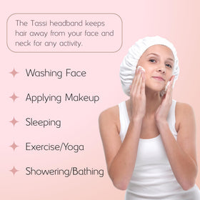TASSI head wrap in use during shower keeping hair away and dry