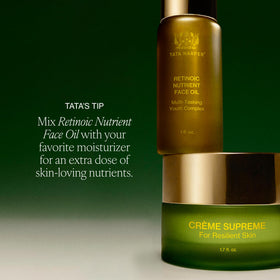 Tata Harper bottle on nightstand in routine setting showing evening skincare ritual benefit