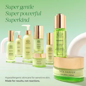 Tata Harper label close-up listing gentle AHAs and prebiotic support