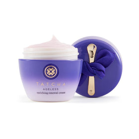 TATCHA cream on vanity in bathroom scene suggesting daily ritual and comfort