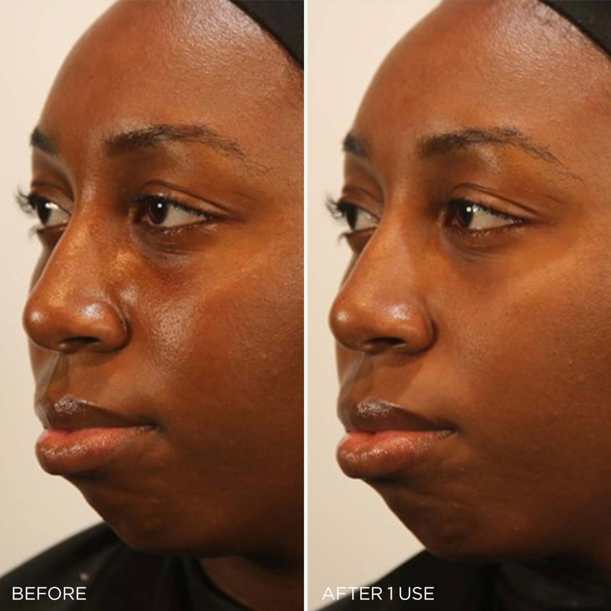 TATCHA mask applied to model cheek illustrating even coverage and calming effect