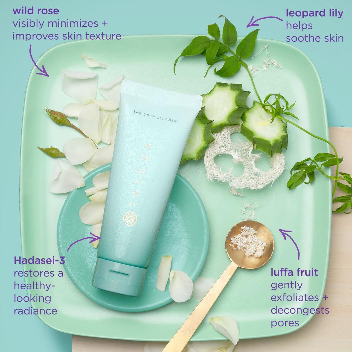 TATCHA 150 ml bottle next to common items for size comparison and travel friendliness