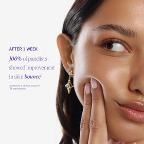TATCHA applying product to cheek illustrating bouncy skin benefit