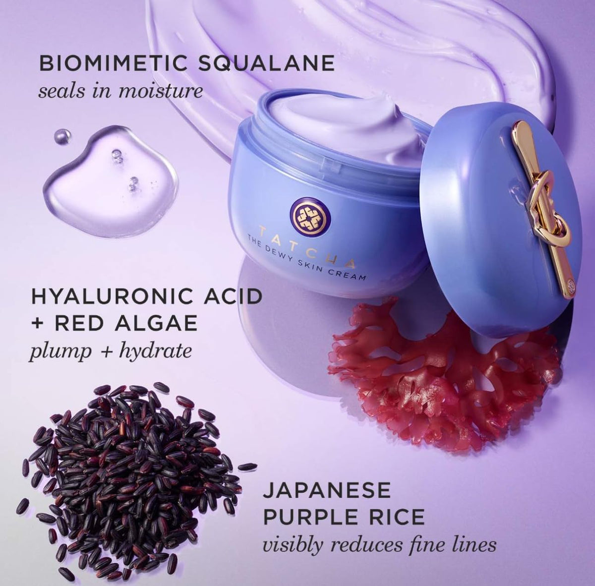 TATCHA product label close-up showing key ingredients and benefits