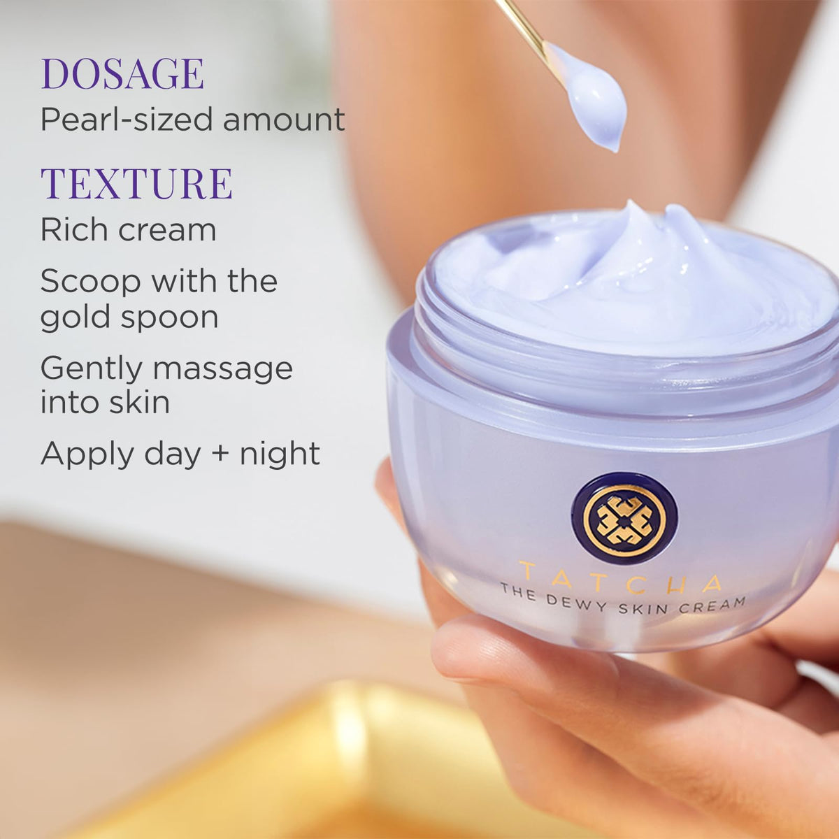 TATCHA jar on bathroom shelf lifestyle scene suggesting daily luxury use