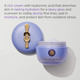 TATCHA open jar texture close-up showing creamy, dewy consistency benefit