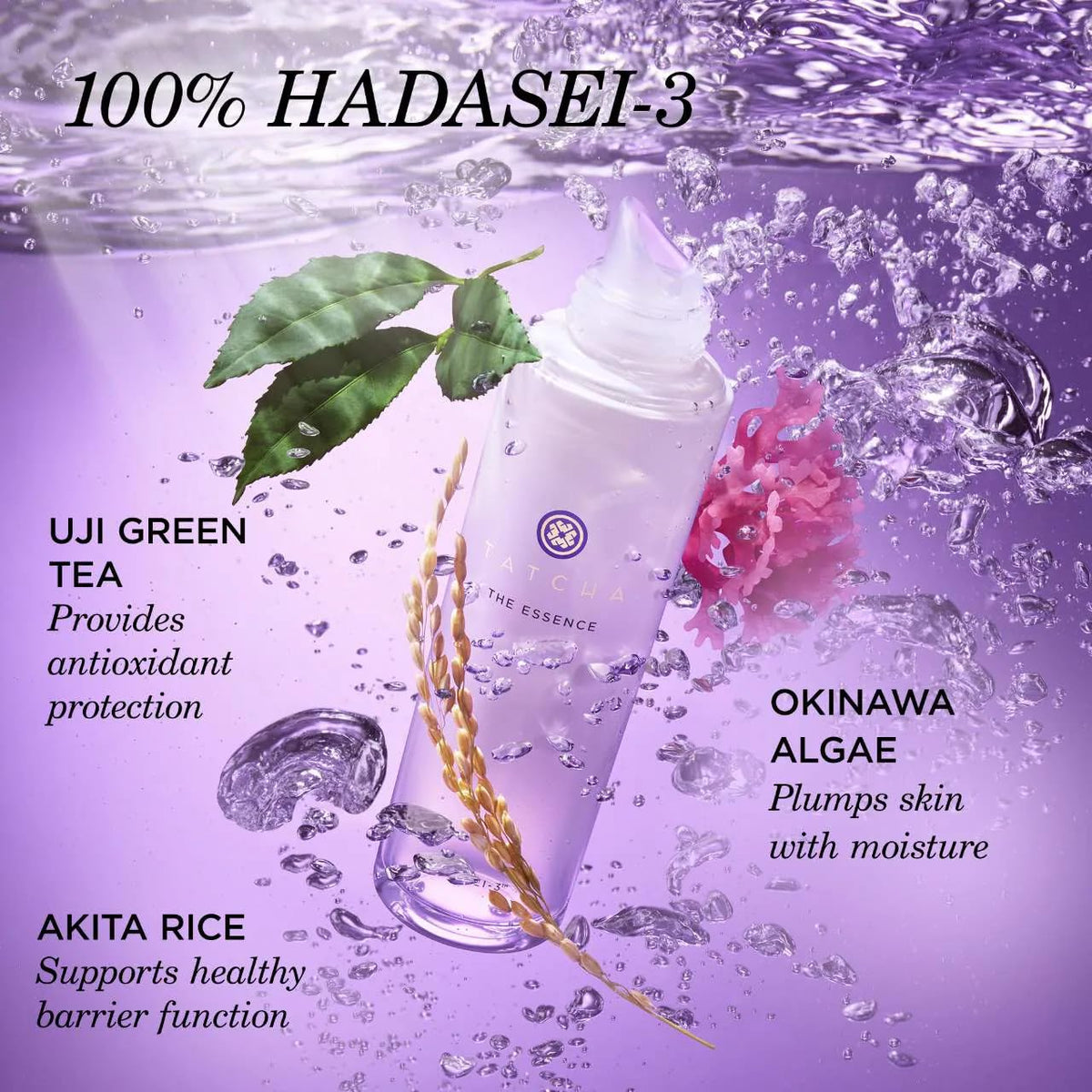 TATCHA ingredients label showing Hadasei-3 benefits and purity