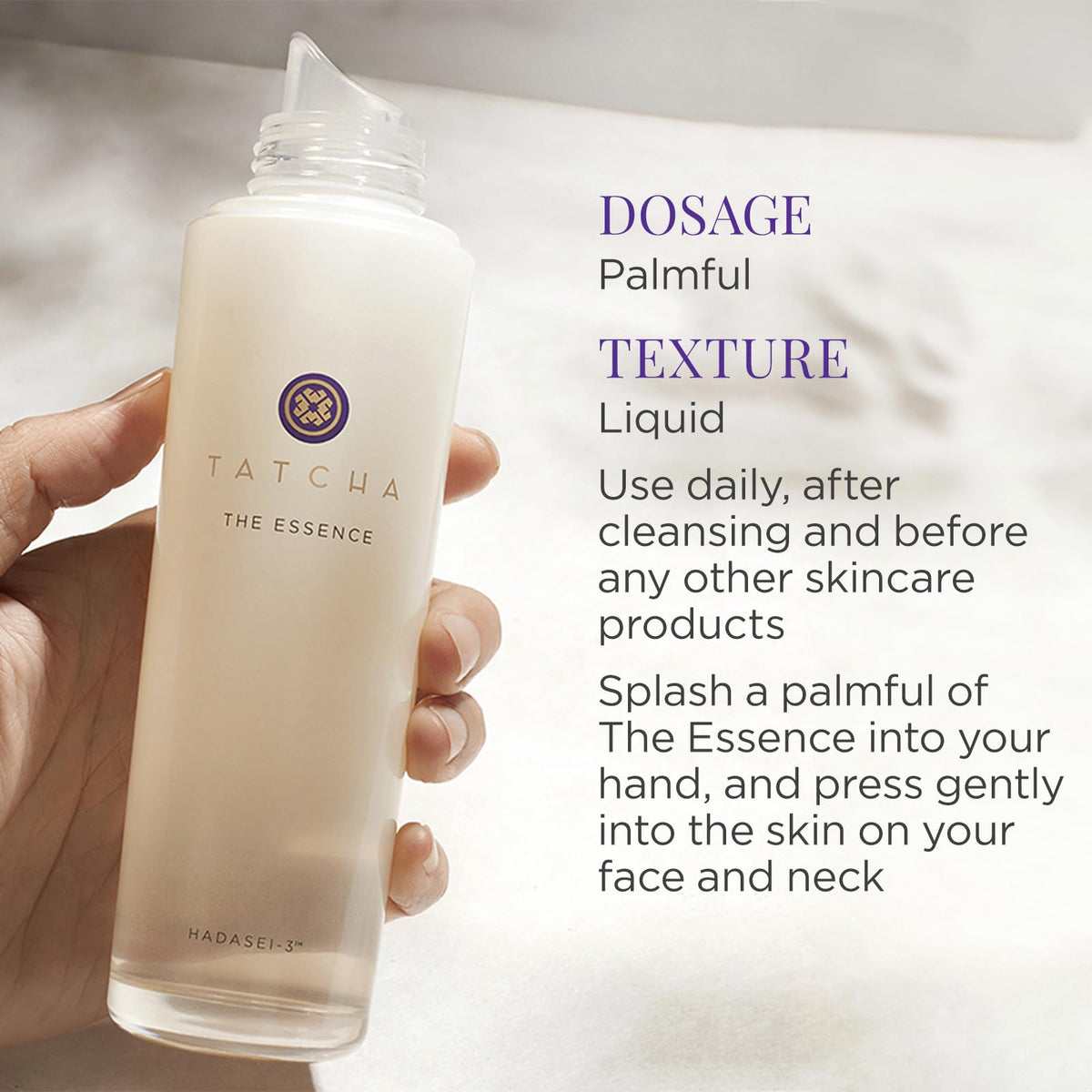 TATCHA bottle on bathroom shelf evoking a refined daily ritual