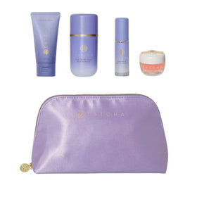 TATCHA kit front packaging showing all four travel-sized products and benefits