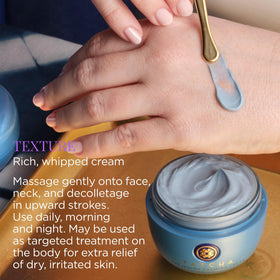 TATCHA Indigo Calming Cream with indigo and oatmeal visuals highlighting calming ingredients