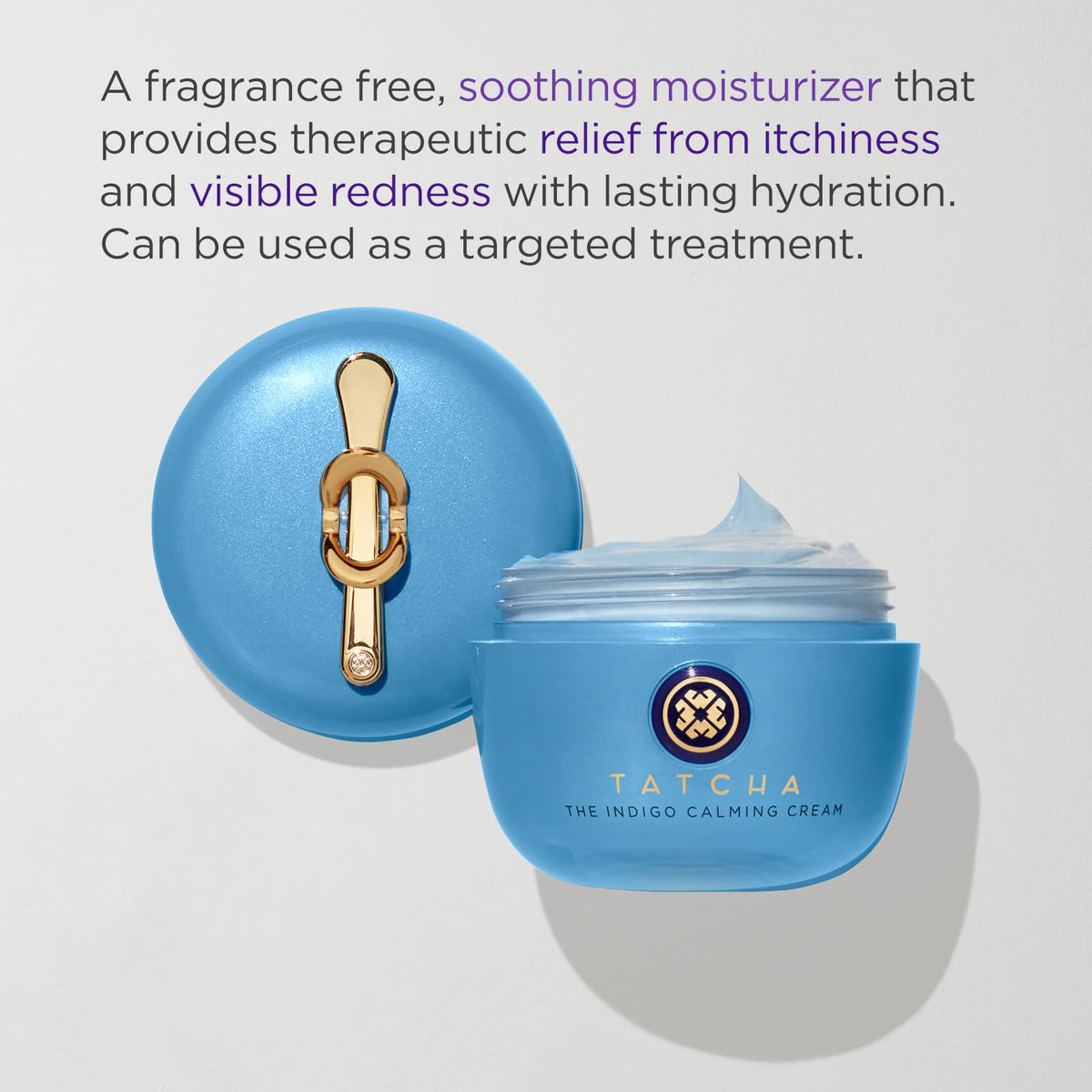 TATCHA Indigo Calming Cream open jar revealing creamy balm texture for soothing relief