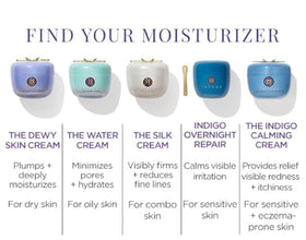 TATCHA Indigo Calming Cream on bathroom shelf portraying everyday soothing skincare routine