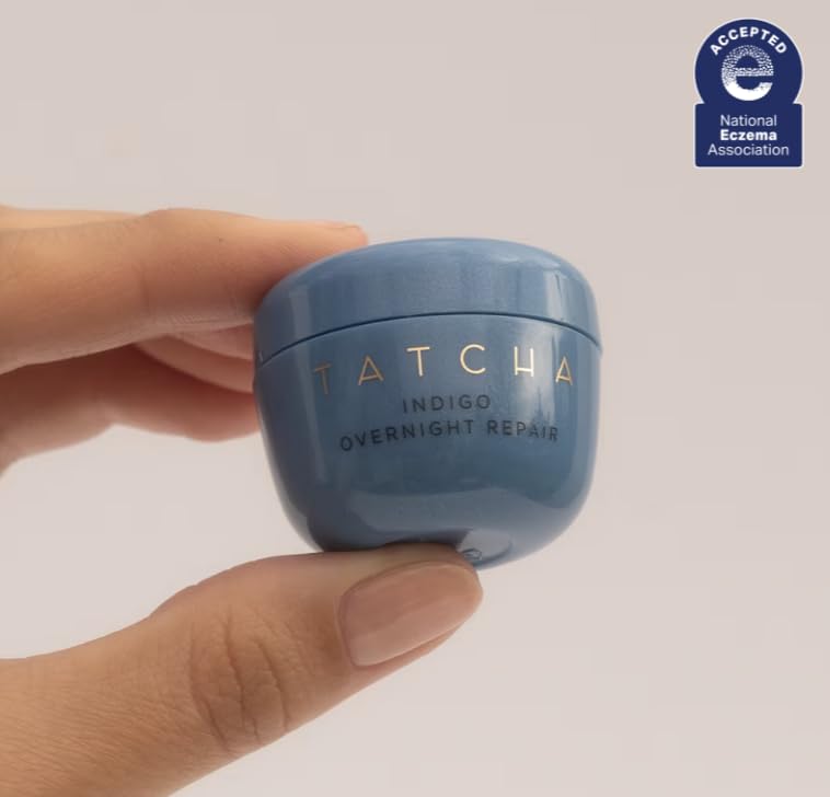 TATCHA indigo open jar displaying cushiony cream texture and soothing hydration