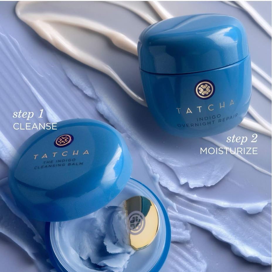 TATCHA ingredient bottles arranged highlighting indigo botanicals and soothing benefit