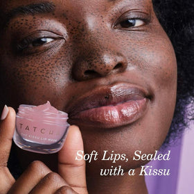 TATCHA open jar displaying glossy jelly that boosts lip moisture