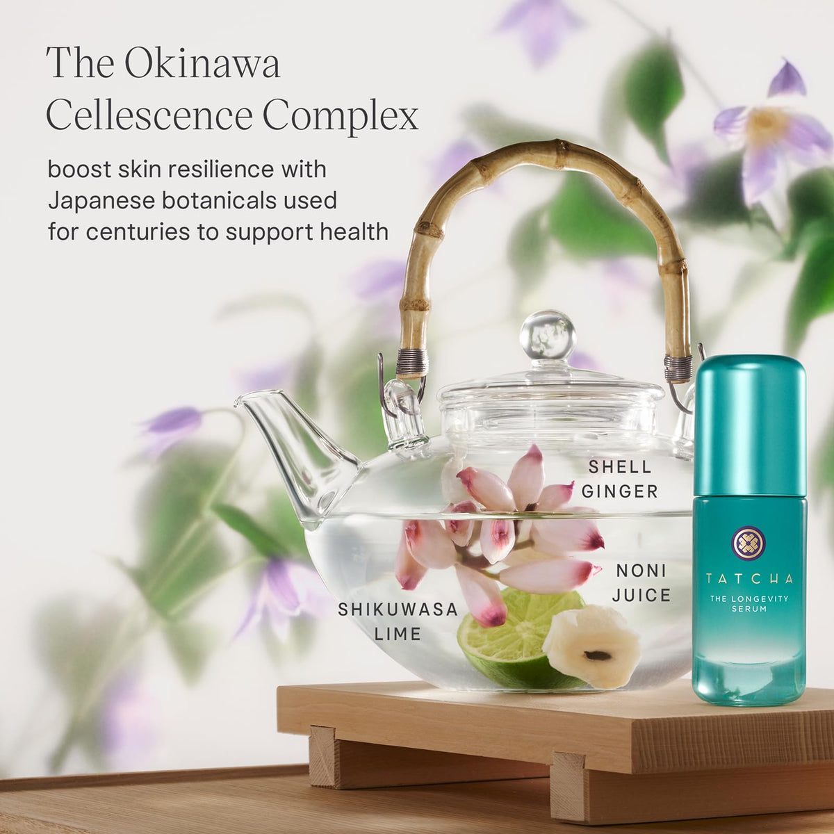 TATCHA serum being applied to cheek, showing smoothing and firming benefit