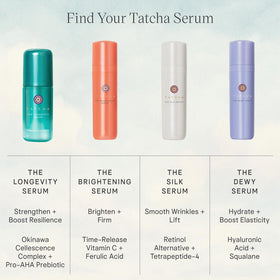TATCHA serum on bathroom vanity in lifestyle scene showing daily routine compatibility benefit