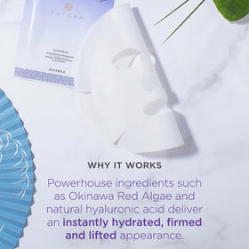 TATCHA mask in use on model demonstrating quick 15-minute plumping and luminous skin effect