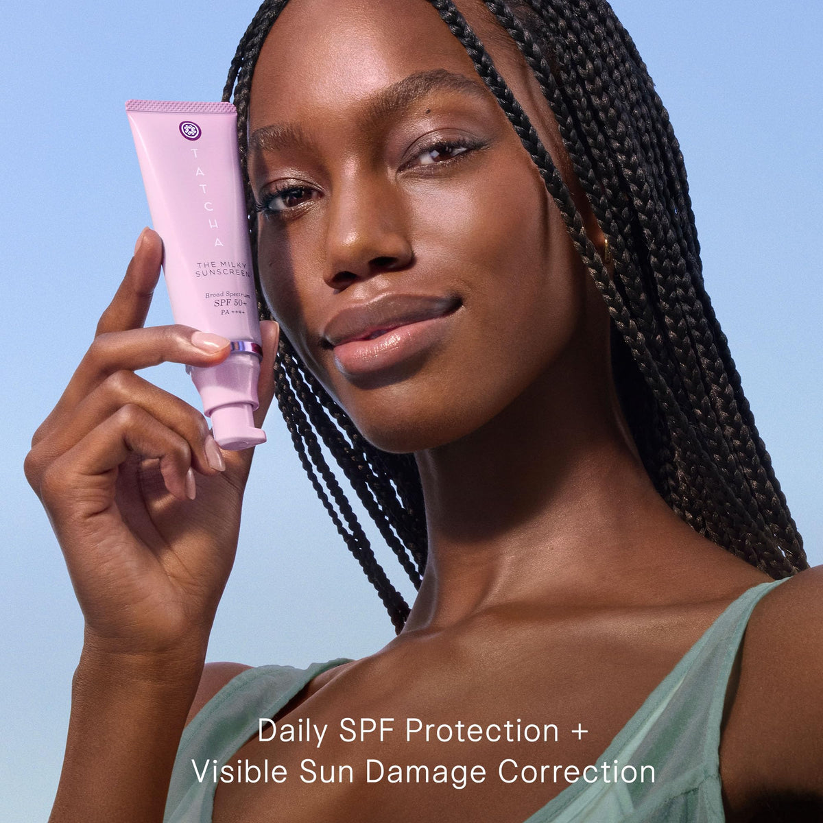 TATCHA sunscreen being dispensed from pump for easy, controlled application