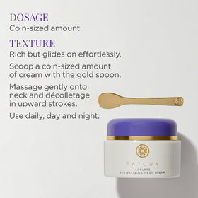 TATCHA being applied to neck and décolletage demonstrating gentle smoothing