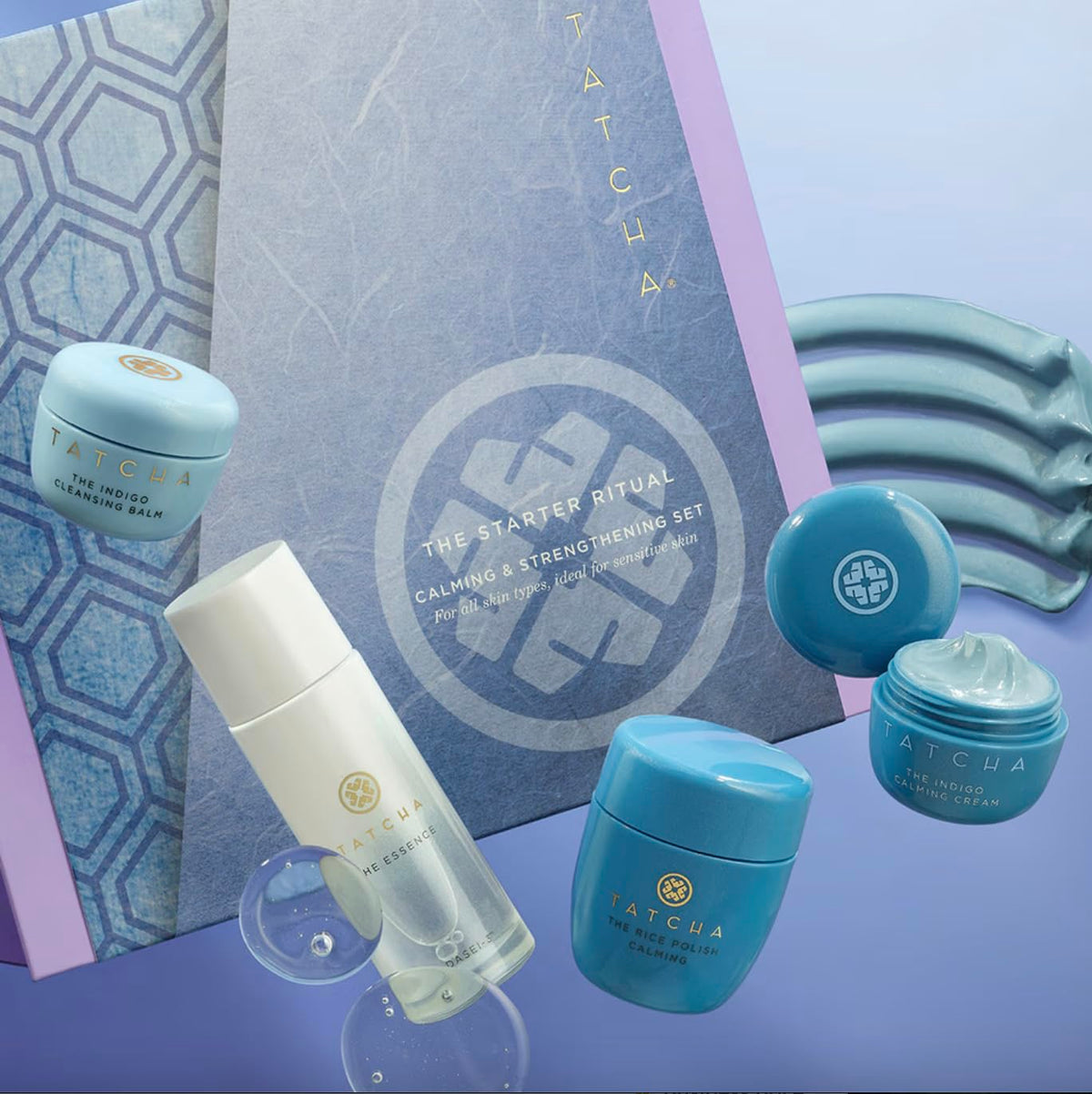 TATCHA products size comparison flatlay showing trial-size value