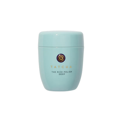 TATCHA front jar showing Rice Polish Deep and refined packaging benefit gentle daily exfoliation