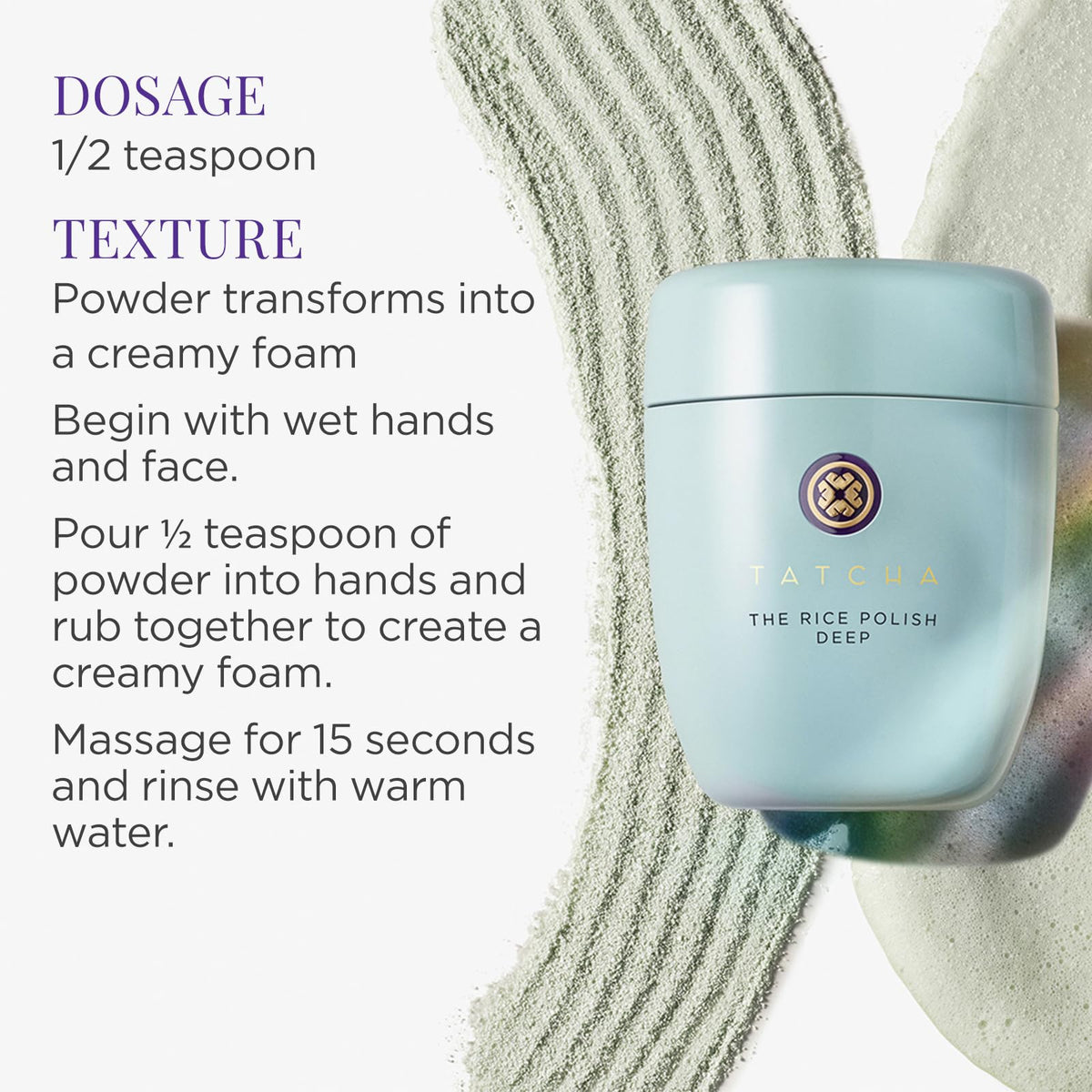 TATCHA powder in palm ready to activate illustrating water-activated convenience benefit