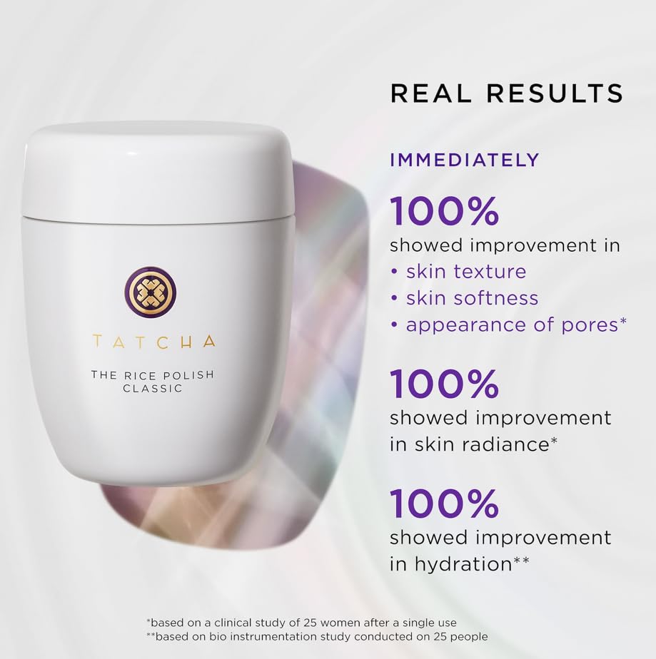 TATCHA Rice Polish with Japanese rice bran ingredient display showing nourishing benefit