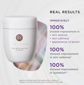 TATCHA Rice Polish with Japanese rice bran ingredient display showing nourishing benefit