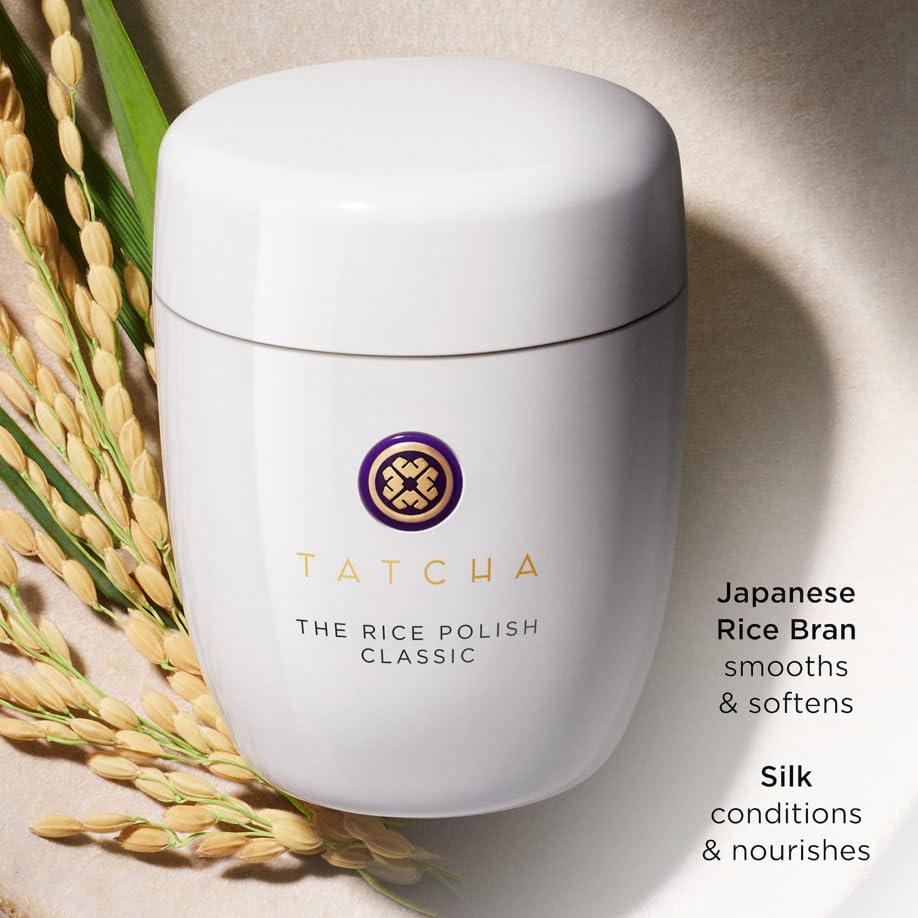 TATCHA Rice Polish label close-up showing ingredient names and clean formulation benefit